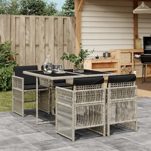 Homgoday Set da pranzo da giardino 5 pezzi cuscini in rattan sintetico grigio chiaro, sedia tavolo cucina esterno terrazza patio balcone mobili tipo 1