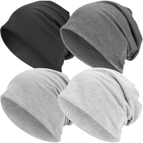EINSKEY Lätt och hängig mössa för män och kvinnor, stor tunn bomullsmössa, chemomössa, nattmössa för alla säsonger,4 Pack Svart + Mörkgrå + 2 Stycken Ljusgrå