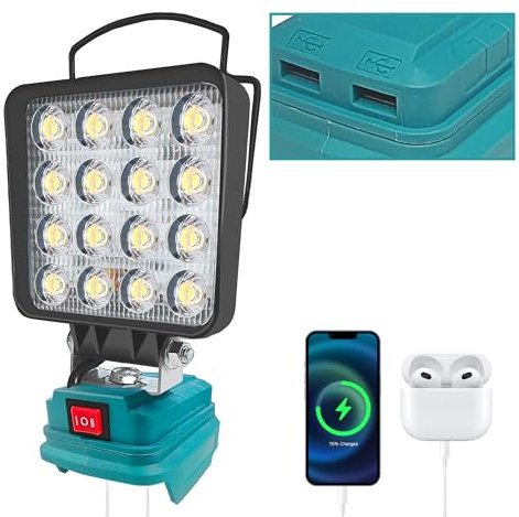 Battery Lamp for Makita 18V Battery, 48W 4800LM LED Work Light with 2 USB Charging, LED Portable Floodlights for Work Lighting, Construction Site, Auto Repairs, Camping, Hiking (without Battery)