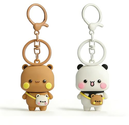 YOKUSHI 2PCS Bubu Dudu Cute Keychains, Kawaii Cartoon Statue Bears Panda Figurine Key Chains for Women Backpacks Car Keys Gifts, White+brown, One size