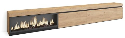Skraut Home | TV-Schrank, Lowboard | für Wohnzimmer und Esszimmer | 317x45x35 cm | Elektrokamin XXL | Moderner Stil | Eiche