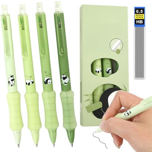 Tikplus 4 Stück Druckbleistift 0,5 mm, Minenbleistift Hellgrün, Panda Bleistift mit Mine und Geriffeltem Silikongriff, Bruchsichere Mine Druckbleistift für Präzises Schreiben, Zeichnen
