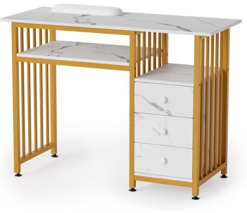 Maniküretisch mit Marmorstruktur, mit Handgelenkkissen und Schrank, moderne Nagelstation für Nageltechnik, Mehrzweck-Schreibtisch für Zuhause, Büro, Schönheit, Spa, Salon (100 x 40 x 76 cm)
