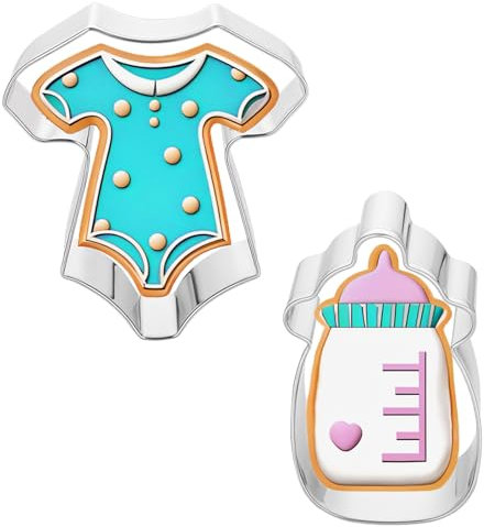 Juego de 2 cortadores de galletas para baby shower, cortador de galletas de acero inoxidable, cortador de biberones y body para fondant, para baby shower, fiesta de cumpleaños
