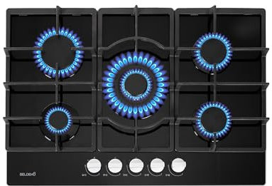 Plaque gaz 5 feux en verre noir - Brûleurs et grilles en fonte - 10 800 Watts encastrement 56x49 cm