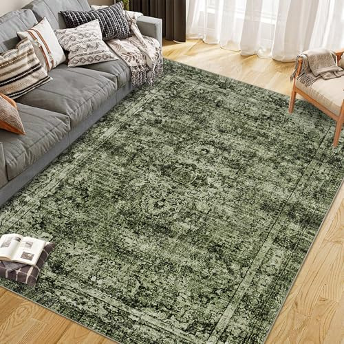 CIBTYHOH Kurzflor Bereich Teppich Wohnzimmer Boho Waschbarer Teppich Schlafzimmer 240 * 340cm Vintage Carpet für Esszimmer Büro(Dunkelgrün)