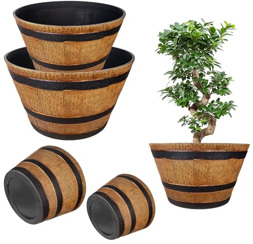 KADAX 2er Set Pflanztopf im Holzfass-Design, ø 40cm + 52.5cm, aus wetterfestem Kunststoff, für Garten, Terrasse & Balkon, dekorativer Blumentopf, Hellbraun/Schwarz, Teich mit Wassereimer