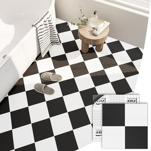 ZRJT Lot de 10 carreaux de sol autocollants de sol en vinyle mat imperméables et amovibles pour locataire, salle de bain, salon, 30,5 x 30,5 cm, noir pur et blanc 10 m²