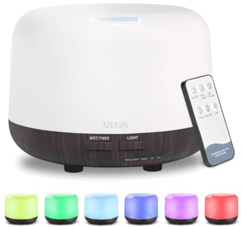 AZULON Essential Oil Diffuser 300ml, Ultrasonic Aromatherapy Air Humidifier with Remote, 7 Colour LED Lights, Cool Mist & Auto Shut-Off, Oil Diffuser for Home, Office & Sleep