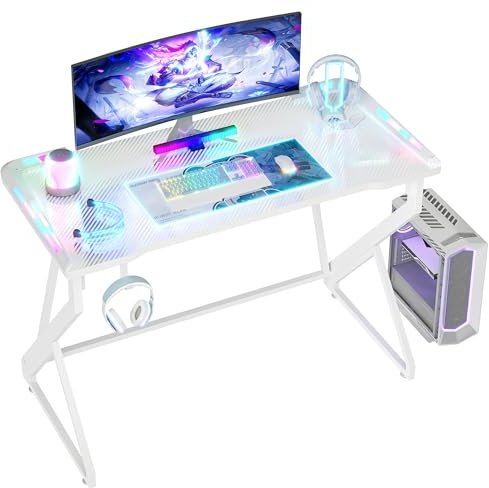 BEXEVUE Escritorio Gaming 100x52 cm con LED RGB Armor, Mesa de Ordenador con Fibra de Carbono y Marco Z, Escritorio PC con Gancho Auriculares, Montaje Fácil, Bianco