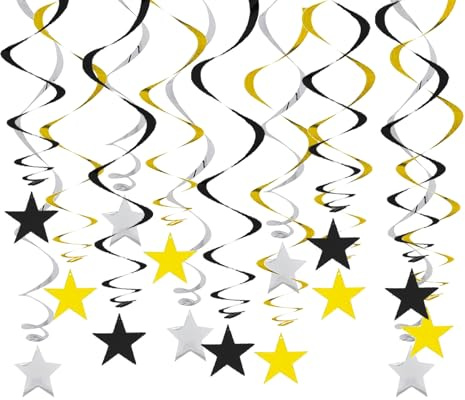 15 Pcs Silver black and gold Party Decorations,Hanging Swirls Star Tassel Garland Streamers Glitter Reflective Paper Swirl Ceiling Centerpiece Bunting Stars Tassels Banner,for Birthday Graduation Prom