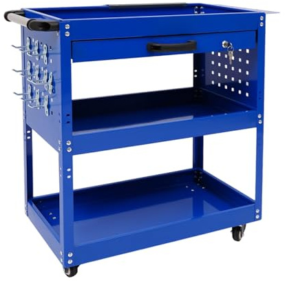 QIERF Carrello da officina a 3 piani, carrello per officina, carrello mobile in metallo con cassetto e ruote dei freni, portata 250 kg per garage, magazzini e officine (blu)
