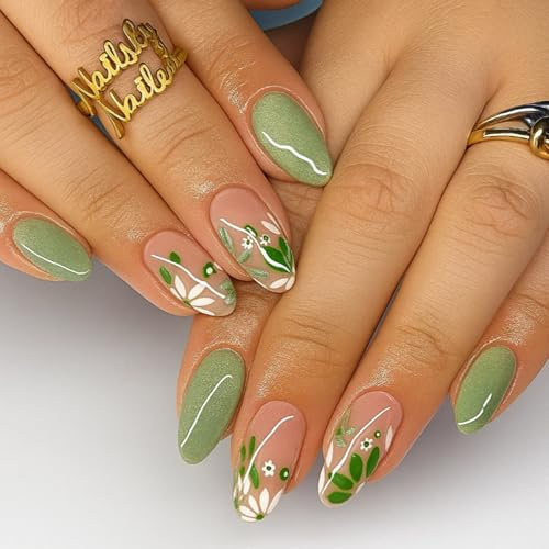 24Pcs Almond Press On Nails - Green Fake Nails with Floral Leaf Design for Spring and Summer - Durable Acrylic Set with Accessory Tools for Easy Application