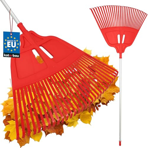 KOTARBAU® Laubrechen Kunststoff - 67 cm - mit Aluminiumstiel 1,3 m - Extra-Click - Heurechen - Laubharke - Rechen für Herbstlaub & Heckenschnitt - Gartenrechen - Kunststoff - Rot & Silber