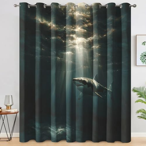Genérico Cortinas Salon Tiburón, Cortinas Dormitorio Vida Marina Submarina Decoracion Habitacion Ventana, Termicas Aislantes, con Anillas, 140x245 2 Piezas (An X Al) L-C&57