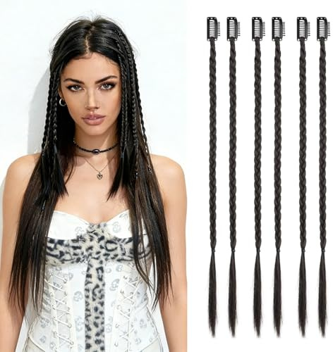 Galenecx 6 Stück Braids Extensions, 45cm Schwarze Clip-in Braids Extension | dreadlocks extension, Kunsthaar Geflochtene, Mädchen Haarteile, für täglichen Gebrauch & Party-Styling(Natürliches Schwarz)