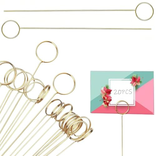 LEOUEANR Paquete de 20 soportes para tarjetas de lugar florales, soportes redondos de metal para fotos y notas, ideal para bodas, fiestas, decoración de mesa (dorado)