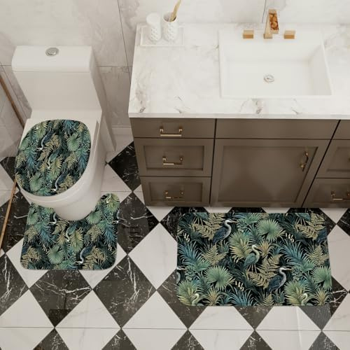 Tropical Botanical Badematte, schnell trocknend, Reiher und Farne, saugfähig, rutschfest, waschbar, Badteppiche für Badezimmer, WC, WC, dekorativ, 3-teiliges Set