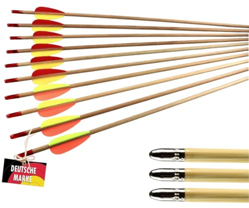 10x Old Wood Traditionelle Holzpfeile Set, 5/16 Zoll Schaft, 26 Zoll Längen | 2,6 Zoll Kunststoffbefiederung, Kunststoffnocken, abgerundete Blechspitzen, für Recurve und Compound bis 30 lbs