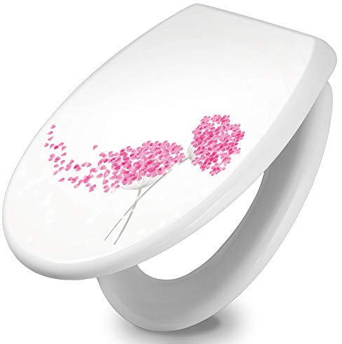 banjado Toilettendeckel mit Absenkautomatik 44,5x37cm / WC Brille Soft Close/hygienischer Toilettendeckel/Klodeckel Duroplast Edelstahl Scharniere einfache Montage/Motiv Holunder Pink