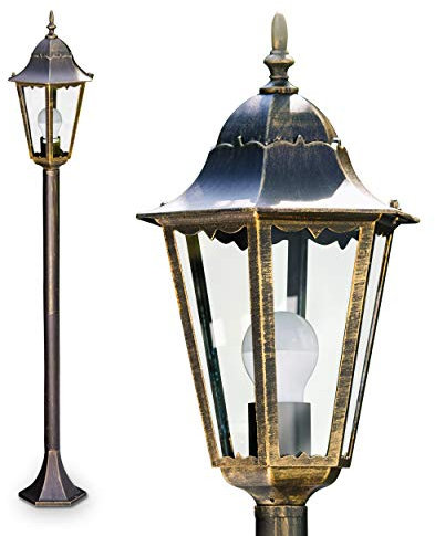 Lampe d'extérieur Hongkong, lampadaire en look antique, fonte d'aluminium en brun/or avec verre dépoli, lampe d'allée 120 cm, lampe de jardin rétro/vintage, douille E27, IP44, sans ampoules