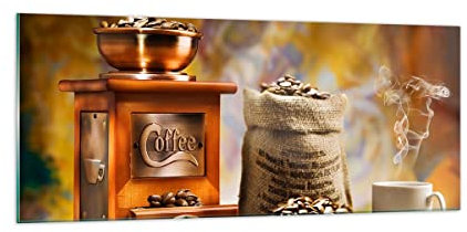 Moderne Impression sur Verre 100x40cm Image Tableau en Verre Decoration Murale Café grains broyeur tasse Grand Tableaux Decoratifs Muraux Chambre Panoramique Deco Cadre Salon Art GAB100x40-2592