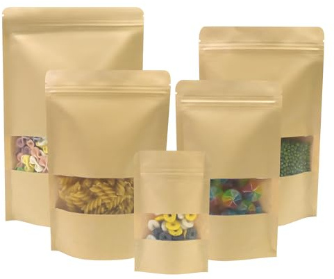SumDirect 50Pcs 18x26cm Sac Papier Kraft Zip Fermeture à Glissière Éclair Stand Up Sachet Plastique Alimentaire Grand Pochettes Avec Cran et Matte Fenêtre
