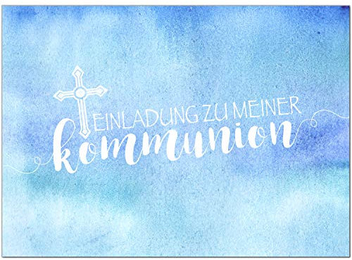 10 x Einladungskarten Kommunion mit Umschlag/Für Jungen Blau Modern/Kommunionskarten/Einladungen zur Feier