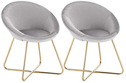 WOLTU Esszimmerstühle 2er Set Küchenstuhl Polsterstuhl Skandinavisch Design Wohnzimmerstuhl Sessel Schminktisch Stuhl, Sitzfläche aus Samt, Goldene Metallbeine, Hellgrau BH217hgr-2
