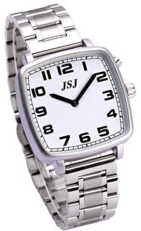 VISIONU Quadrat Quarz Deutsch Sprechende Armbanduhr mit Weckerunktion, Sprachfunktion Uhrzeit und Datum, Weiß- Ziffernblatt, Edelstahl Armband TGSW-1702G