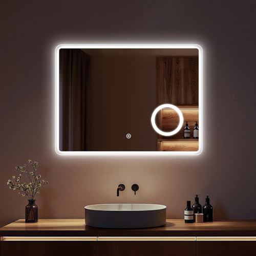 S'AFIELINA Badspiegel mit Beleuchtung Rechteckig 60x80cm – LED Badezimmerspiegel mit Anti-Beschlag & Dimmbar, 3 Farben 3000K-6500K Lichtspiegel, 3X Vergrößerung Kosmetikspiegel, IP65 Speicherfunktion