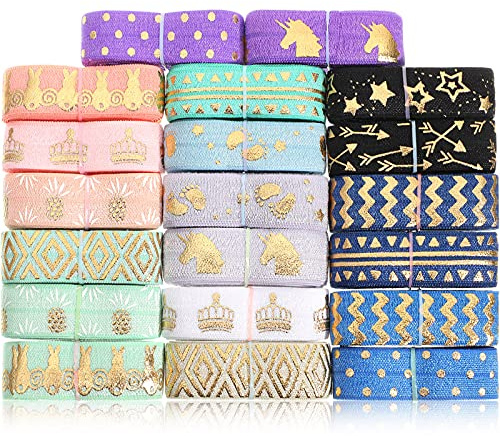 WILLBOND 20 Yards Gedruckte Glitzer Faltband Elastic Stretch Gummibänder 5,9 Zoll/ 15 mm breite Stirnbänder Elastisches Band für Baby Girl Hair Ties Haargummis DIY Nähen Handwerk, 20 Farben von 1 Yard | Bedrucktes Glitzermuster, faltbares Band, Stretch-Band, geeignet für Haargummis und Uhrenbänder, weicher Stoff