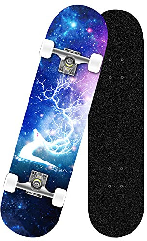 HSGAV 31 x 8 Skateboard Anfänger 9-Lagiges Maple Deck Komplettes Skateboard mit ABEC-11 Lager, 95A PU Rädern, Standard Double Tilt Concave Skateboard für Kinder Teenager Erwachsene, Elch