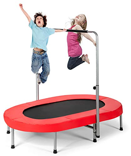 COSTWAY Kids Trampoline, 2 Persons Foldable Fitness Trampolines with 5 Levels Height Adjustable Handle, Indoor Double Oval Rebounder Exercise Jumper for Children, Teens and Adults (Red)