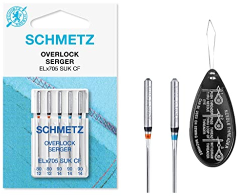 Overlock/Serger ELx705 SUK CF Ballpoint (Medium Ball Point, Chrome Finish) Coverstitch Sewing Machine Needles, Assorted Mixed Sizes 80/12 and 90/14, Includes Large Needle Threader