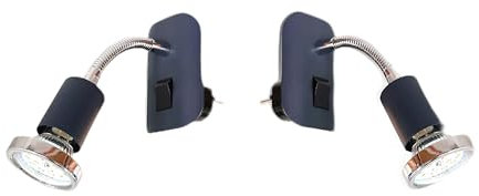 Trango 2er Pack 11-255 LED Steckerleuchte Anthrazit-Schwarz Steckerlicht, Nachtlicht inkl. je 1x GU10 3000K warmweiß LED Leuchtmittel Deko-Chrom Ring & ON/OFF Schalter Leselampe Wandlampe, Küchenlampe