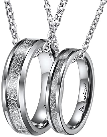 Bishilin Paar Halskette Personalisiert, Pärchen Kette Edelstahl 4MM 6MM mit Metallfolie Ring Anhänger Charms Partnerketten für Sie und Ihn