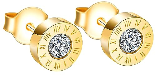 INFINIONLY Men's Boy's Stainless Steel Earrings Studs Novelty Earrings for Women Roman Numerals Stones Earrings Diameter 8mm Creative Stainless Steel Jewellery, Gold