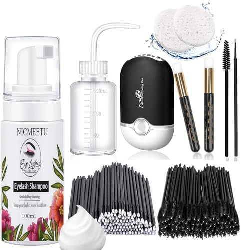 NICMEETU 100ML Lash Shampoo for Lash Extensions.Gentle Eyelash Cleanser 1 Pcs USB Lash Fan 50 Pcs Eyelash Brushes 100 Pcs Micro Brush 2 Pcs Lash Shampoo Brush 2 Pcs compressed Sponge and Rinse Bottle