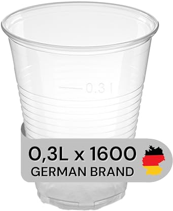 LogiPack 1600 Stück Trinkbecher Made in Germany | Eichstrich 0,3l | Bierbecher Plastikbecher Einwegbecher aus Kunststoff PP (Polypropylen), Transparent klar | Ausschankbecher