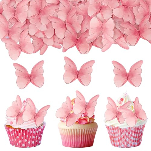 ENLACE Tårtdekoration – 48 st ätbara fjärilar för tårta, rosa, cupcake-dekorationer för födelsedag, bröllop och flickor