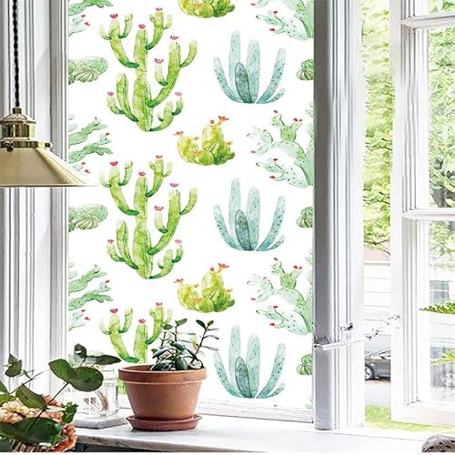 Sichtschutzfolie 3D Fensterfolie Glasdekorfolie PVC für Badezimmer Kinderzimmer Küche,Schlafzimmer Wohnzimmer Esszimmer Büro Hotels Klassenzimmer 44.5cmx300cm Kaktus