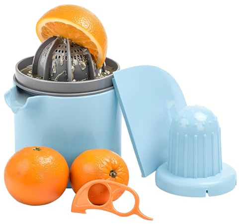 AEX Manual Citrus Juicer with Container – Lemon & Lime Hand Press with Dual Reamer, BPA-Free Portable Lemon Squeezer, Easy-Clean Manual Juicer for Home Kitchens & Daily Use (Blue)
