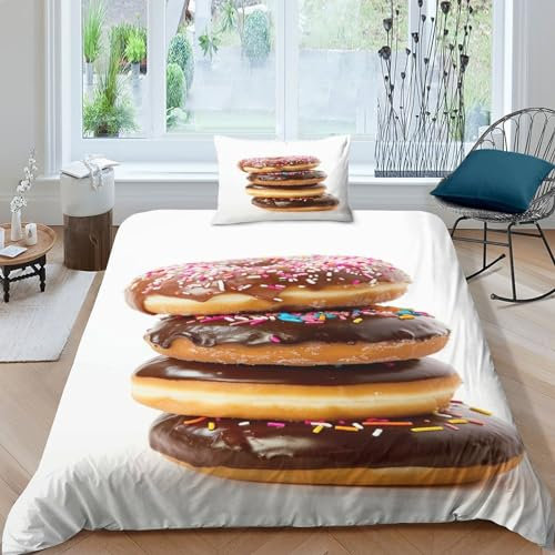 VesFy Cibo realistico Copripiumino Set Copripiumino 2 Pezzi 3D Stampa Digitale Ciambelle Con Cerniera Set Di Biancheria Da Letto E Federe Microfibra Morbido Per Bambini Single（135x200cm）