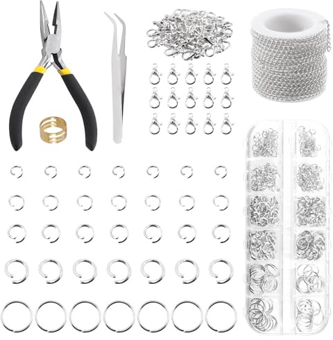 Keadic 504Pcs 30 Feet 3mm Edelstahl Halskette machen Ketten mit 4mm 5mm 6mm 10mm Open Jump Rings, Lobster Clasps, Schmuck Zangen für Ohrring Armband Anklet DIY Craft (Silber)