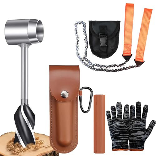 WhaleO Trapano a Mano per la Lavorazione del Legno, Trapano Manuale con Custodia in Pelle, Punta a Trivella per Legno Manuale Sega a Filo Guanti da Lavoro per Campeggio, Bushcraft