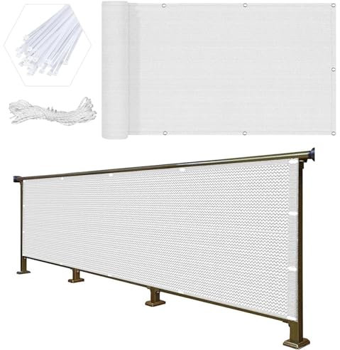 Balkon Sichtschutz Ohne Bohren 95 x 1000 cm Windschutz Staubschutz Schattierwert Balkonsichtschutz Meterware mit Kabelbinder Ohne Bohren für Balkongeländer, Terrasse, Weiß