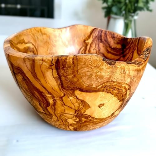 Natural Shaped Olive Wood Rustic Salad Bowl | Handcrafted Unique Serving Dish | Eco-Friendly Kitchenware | Durable and Elegant Tableware | Perfect for Salads Fruits and Snacks (20cm)