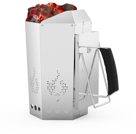 onlyfire Ciminiera Accenditore in Acciaio Inox, Starter per Camini da Barbecue con Sicurezza Isolata Termicamente e Manici in Metallo, Accenditore Rapido per Barbecue e Griglie a Carbonella