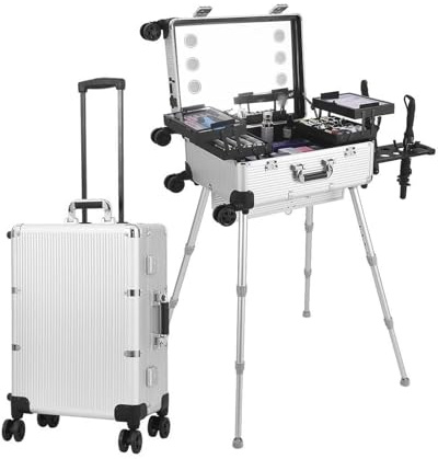 Trolley Schminkkoffer, Kosmetikkoffer Trolley Schminkkoffer mit Beleuchtung & Spiegel, Kosmetik Trolley Beauty Case, Rolling Makeup Train Case für Make-up, Friseur und Maniküre(Silver)